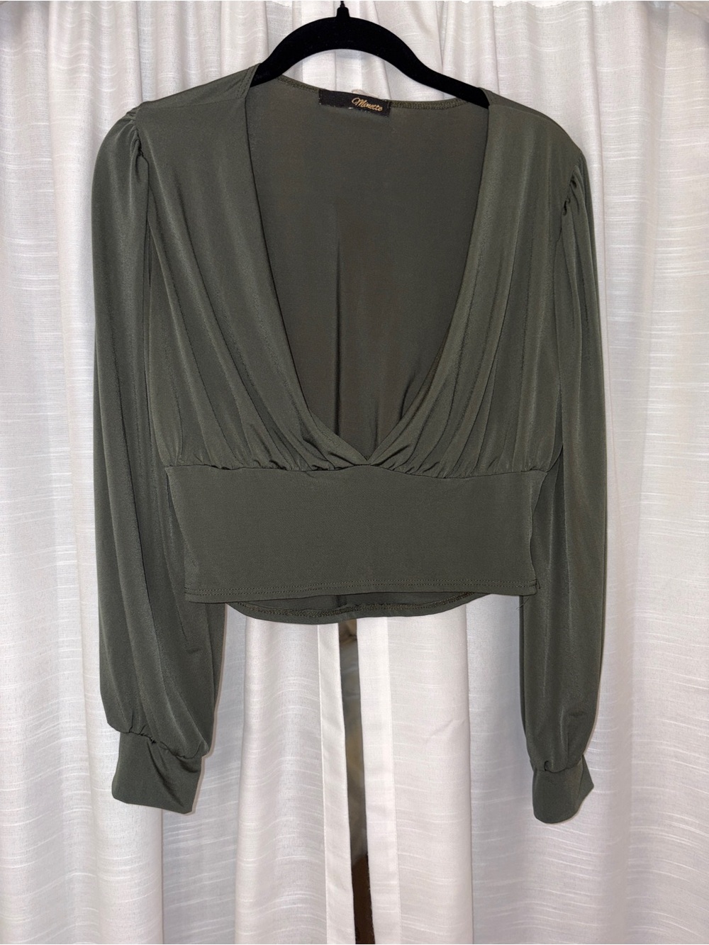 Olive Green V-Neck Long Sleeve Cropped Blouse
